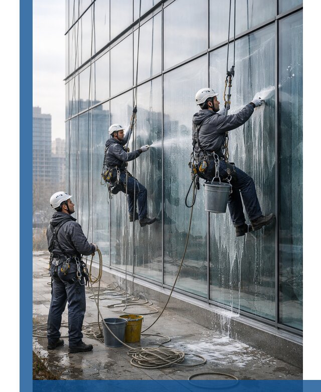 Промышленная мойка панорамных окон на высоте в Белорецке