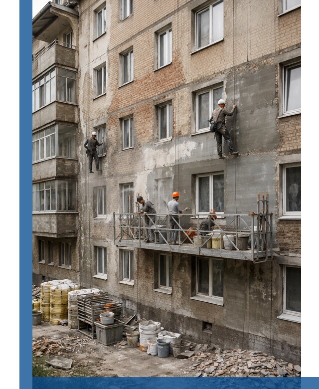 Капитальный ремонт фасада в Белорецке с восстановлением и гидроизоляцией