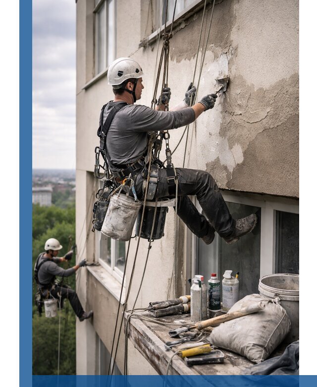 Косметический ремонт фасада зданий в Белорецке промышленными альпинистами