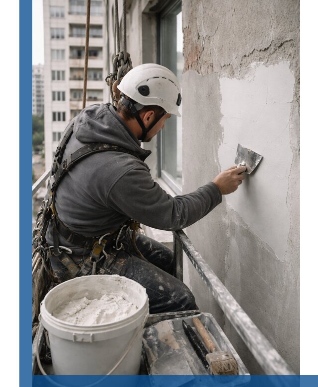 Шпаклевка фасадов на высоте с промальпинистами в Белорецке