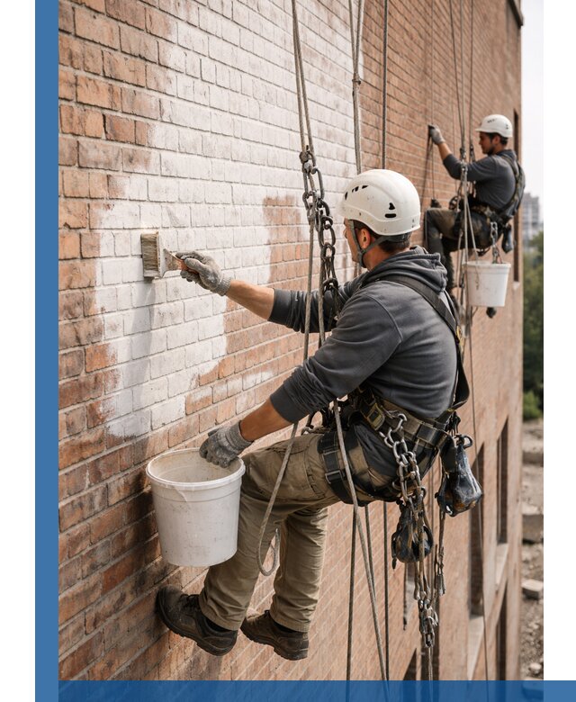 Покраска кирпичного фасада с доступным альпинистским сервисом в Белорецке