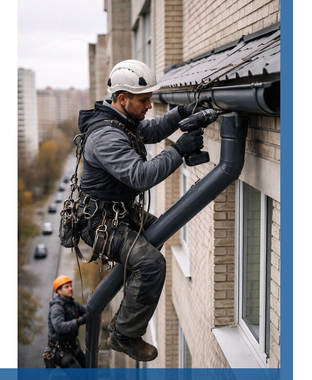 Монтаж водосточной системы на здании в Белорецке от 5069 р. | ВЫСОТНИК-Блр