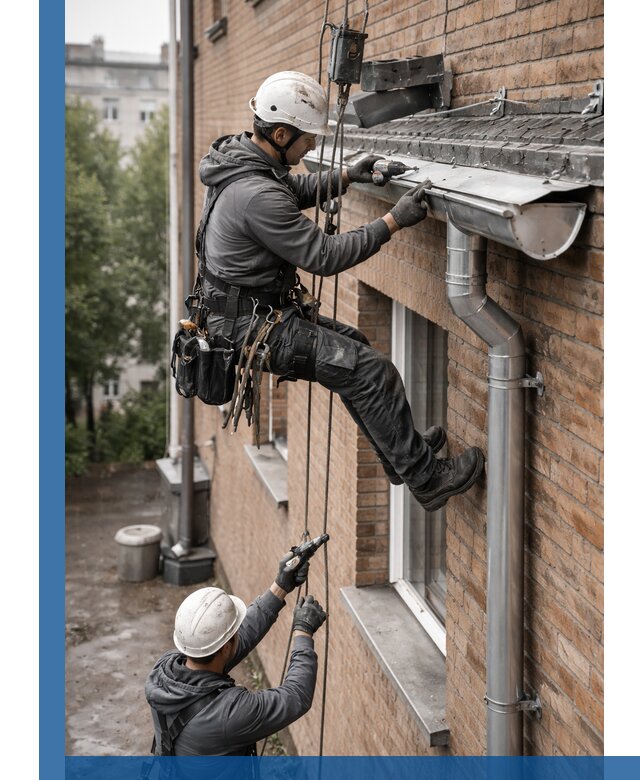 Монтаж водосточной системы на здании в Белорецке под ключ