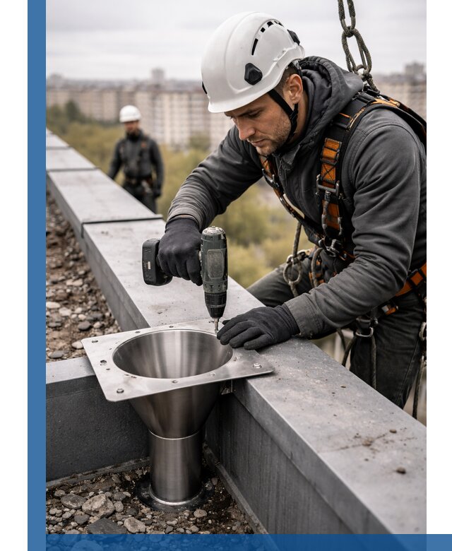 Монтаж водосточных воронок в Белорецке для промышленных зданий