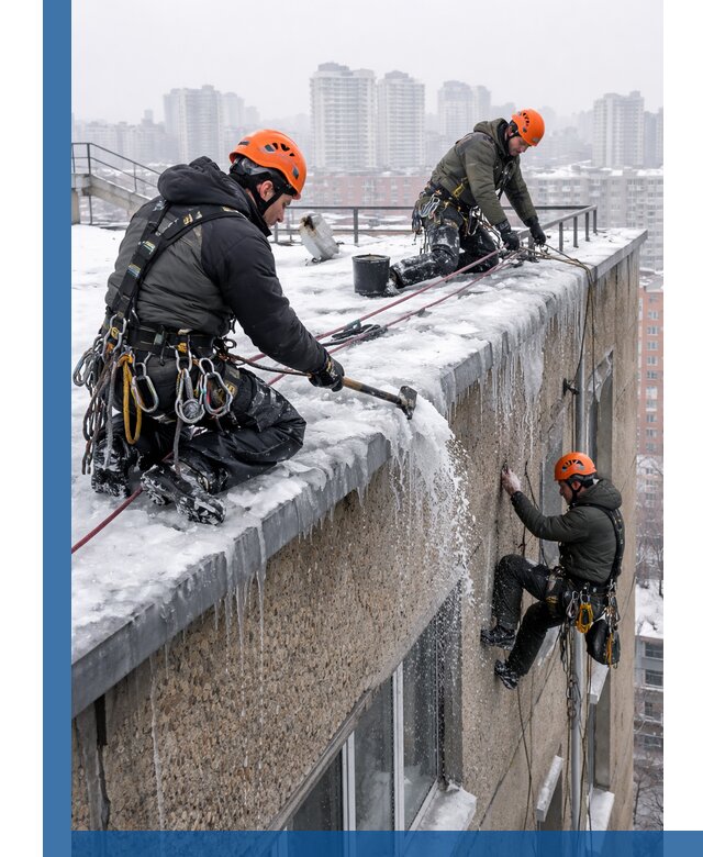 Удаление наледи с кровли в Белорецке промышленными альпинистами