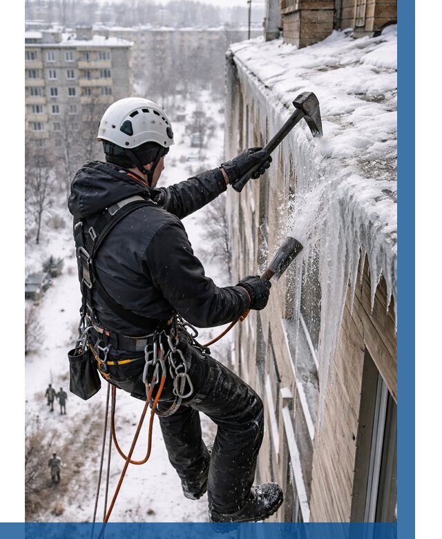 Сбивание сосулек с крыши в Белорецке по цене от 4562 р. | ВЫСОТНИК-Блр