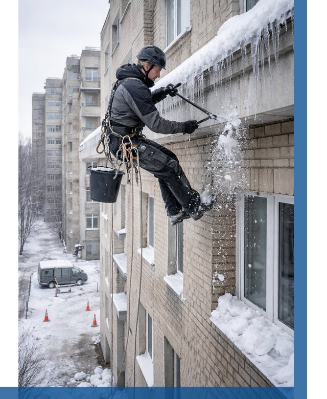 Удаление наледи с карнизов в Белорецке от 355 р. | ВЫСОТНИК-Блр