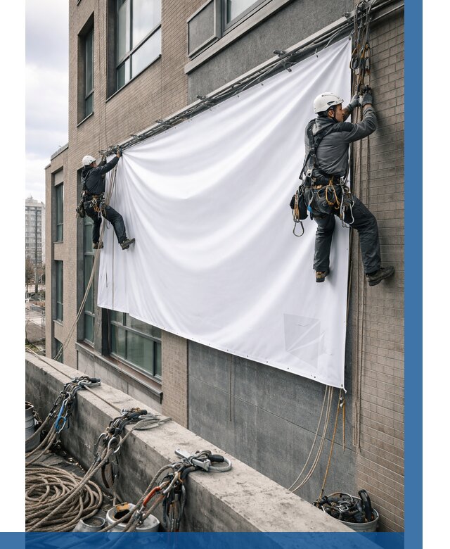 Монтаж баннеров на фасаде в Белорецке от 659 р. заказать ВЫСОТНИК-Блр