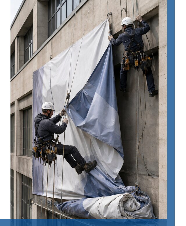 Демонтаж баннеров с фасада в Белорецке от 4562 р. | ВЫСОТНИК-Блр