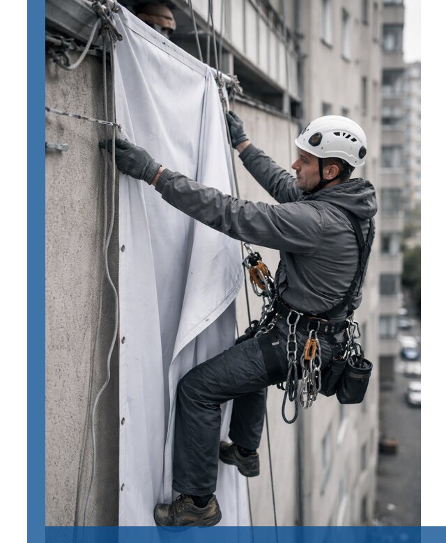 Замена баннерного полотна промышленными альпинистами в Белорецке