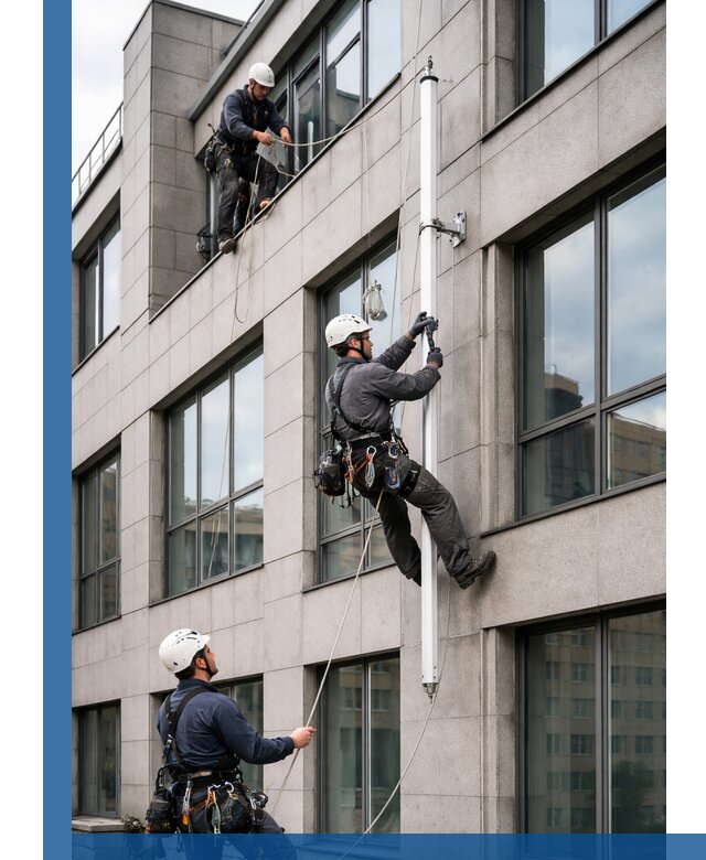 Монтаж флагштока на фасаде здания с креплением и герметикой в Белорецке