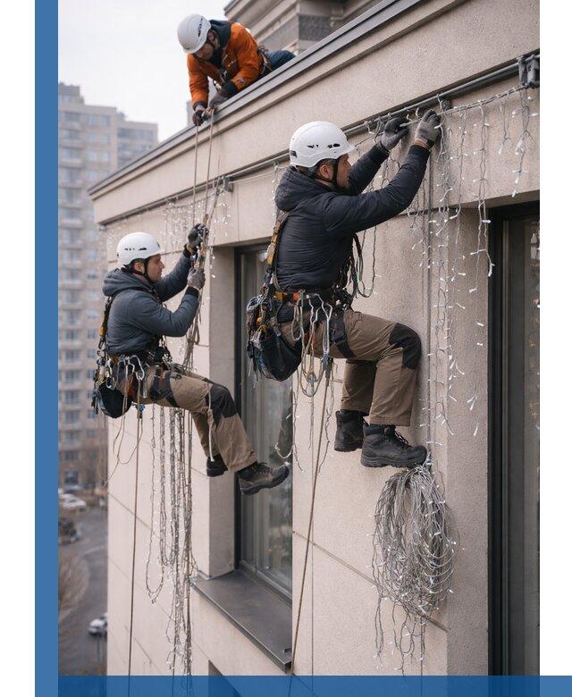 Монтаж праздничных гирлянд на фасаде в Белорецке для зданий