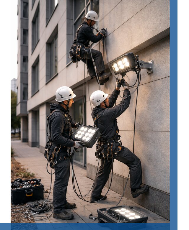 Монтаж прожекторов на фасаде в Белорецке от 7603 р. | ВЫСОТНИК-Блр