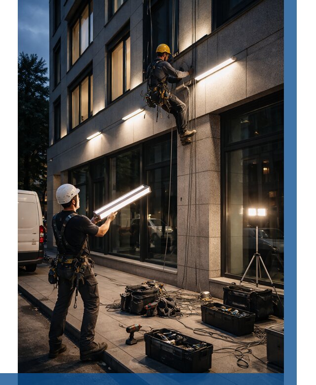 Монтаж архитектурной подсветки здания в Белорецке от 2534 р.|ВЫСОТНИК-Блр