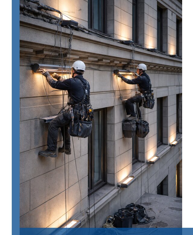 Монтаж архитектурной подсветки фасадов зданий в Белорецке