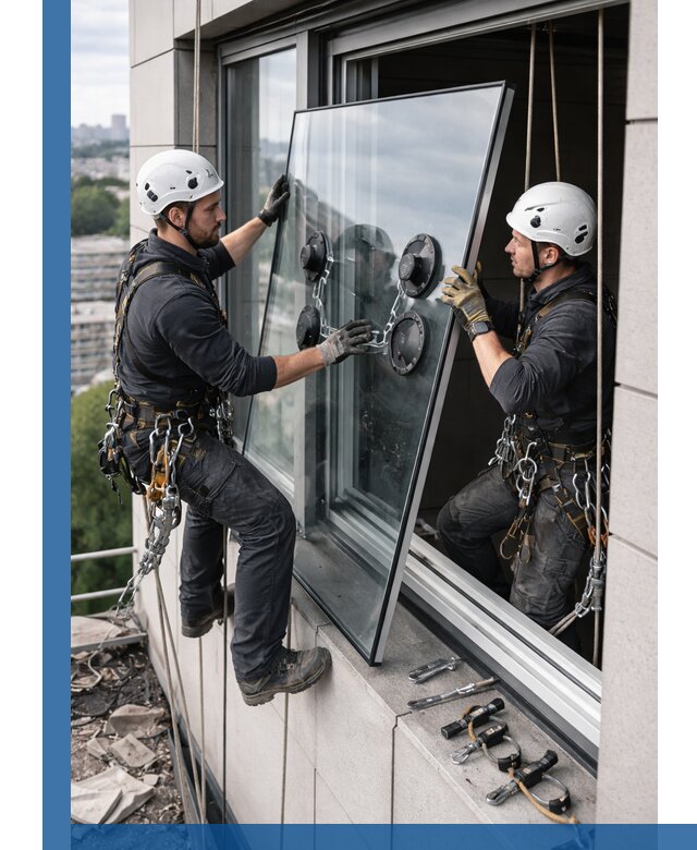 Замена стеклопакетов на высоте с промышленными альпинистами в Белорецке