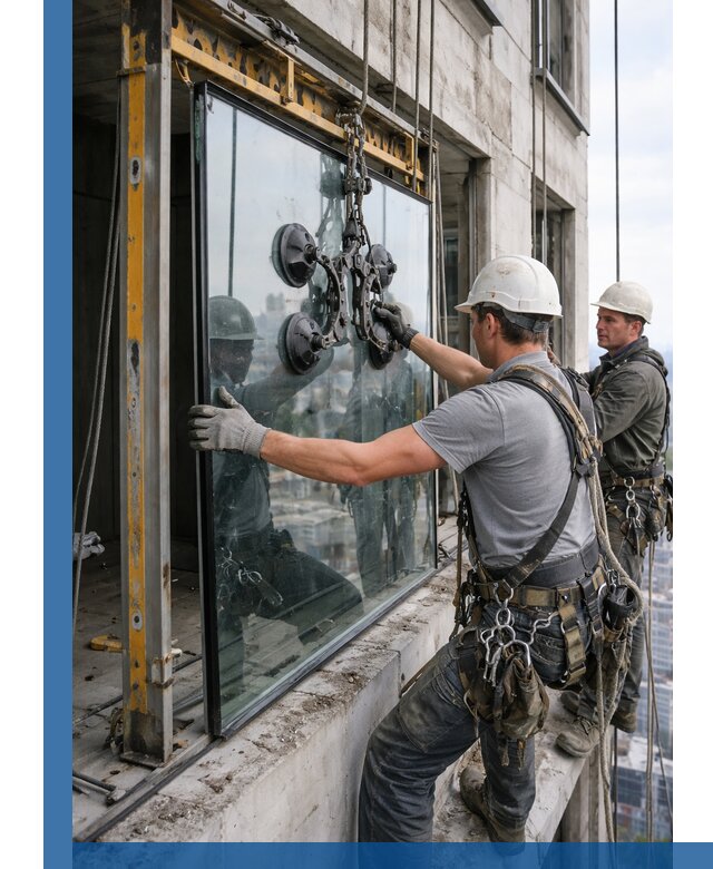 Монтаж стеклопакетов на высоте в Белорецке с промышленным альпинизмом