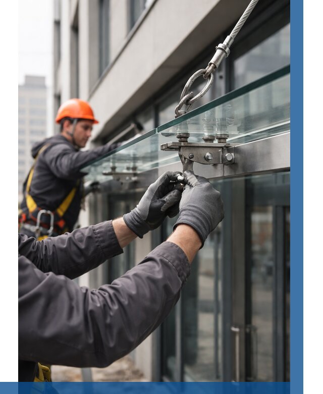 Монтаж стеклянных козырьков в Белорецке от 8616 р. | ВЫСОТНИК-Блр