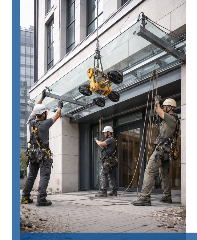 Монтаж стеклянных козырьков под ключ в Белорецке для зданий