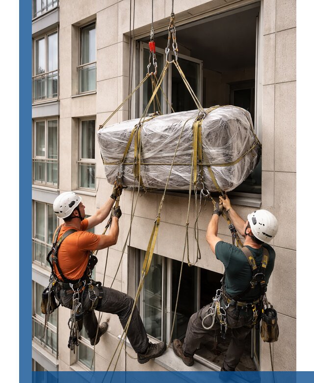 Подъем грузов через окно в Белорецке промышленными альпинистами