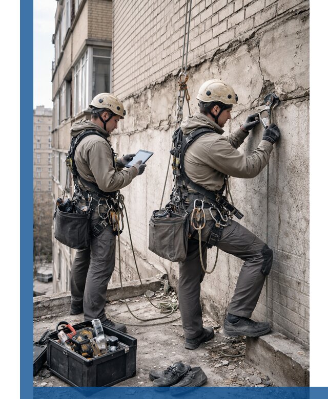 Обследование фасада промышленными альпинистами в Белорецке